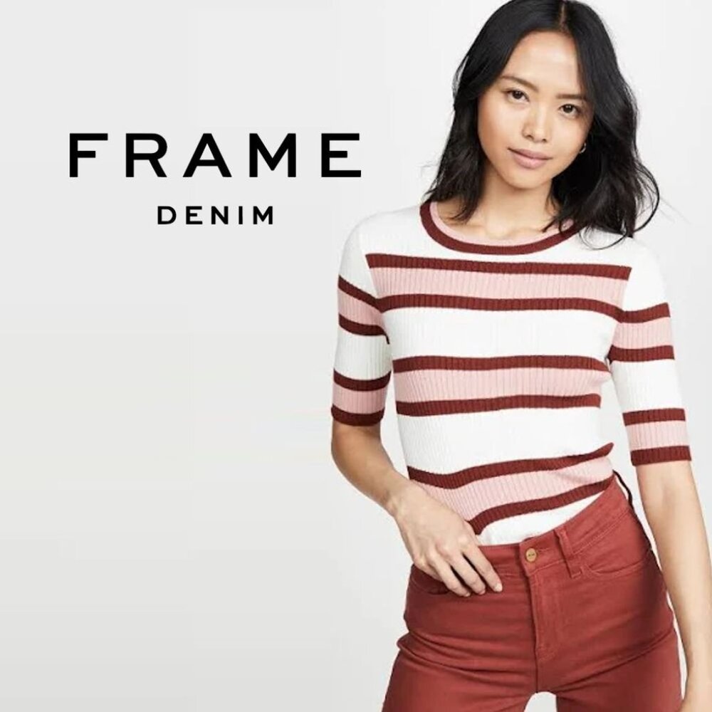 FRAME Panel Stripe Ribbed Short-Sleeve Sweater XS NWOT